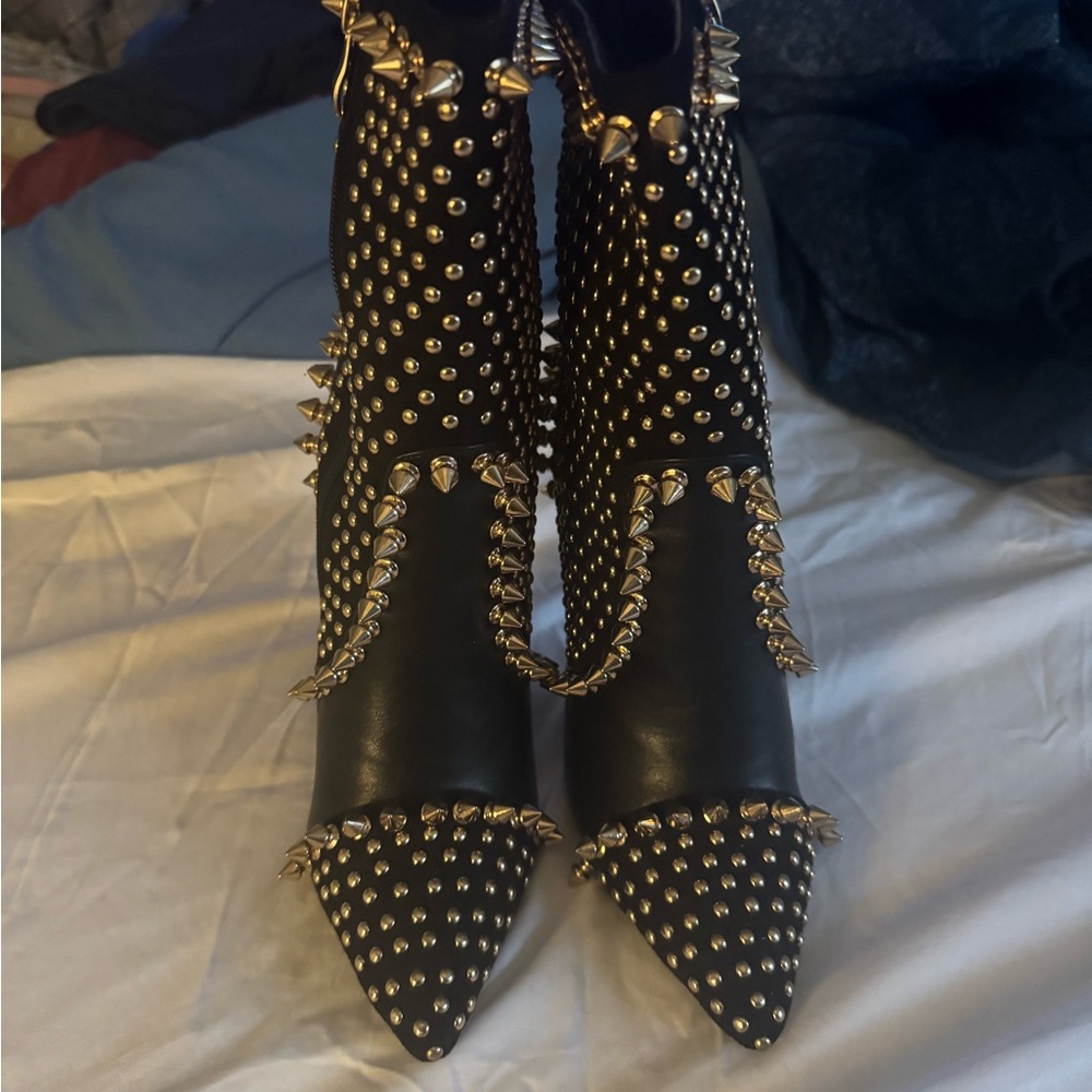 Spiked Black Leather Heeled Boots